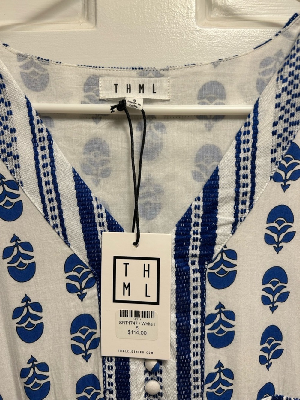 THML White and Royal Blue Printed V-Neck Tunic Top